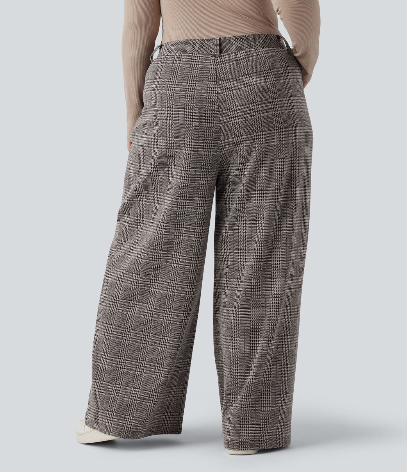 Pantalon décontracté grande taille large taille haute à carreaux pied-de-poule avec poches