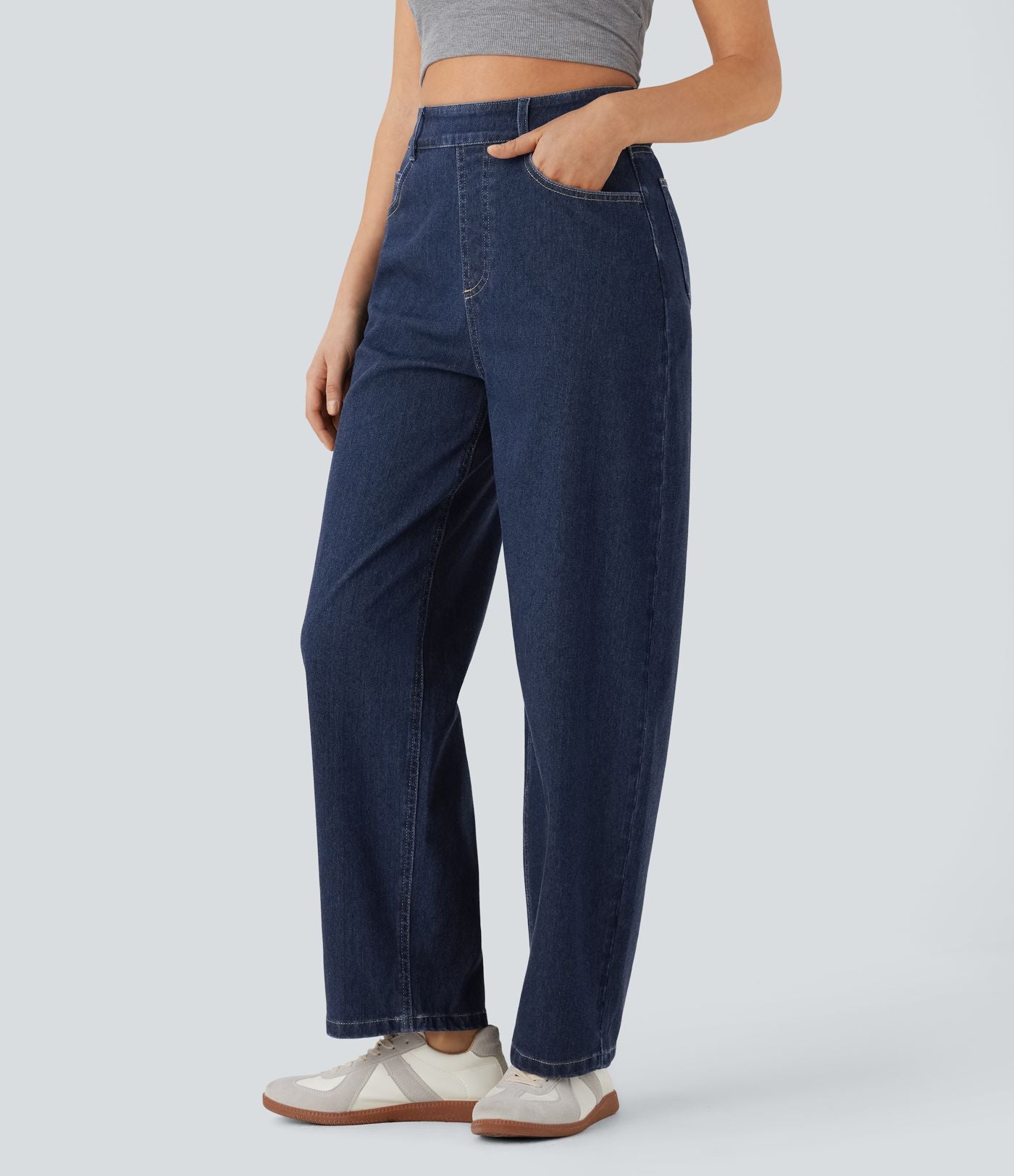 Jean ample délavé taille haute en maille extensible avec poches multiples
