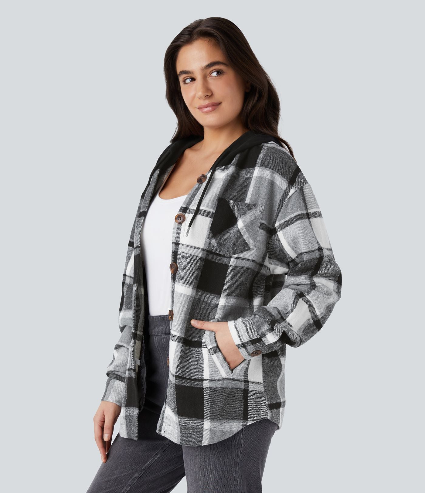 Veste de Casual à Carreaux en Polaire à Capuche avec Cordon de Serrage Boutons et Poches Latérales