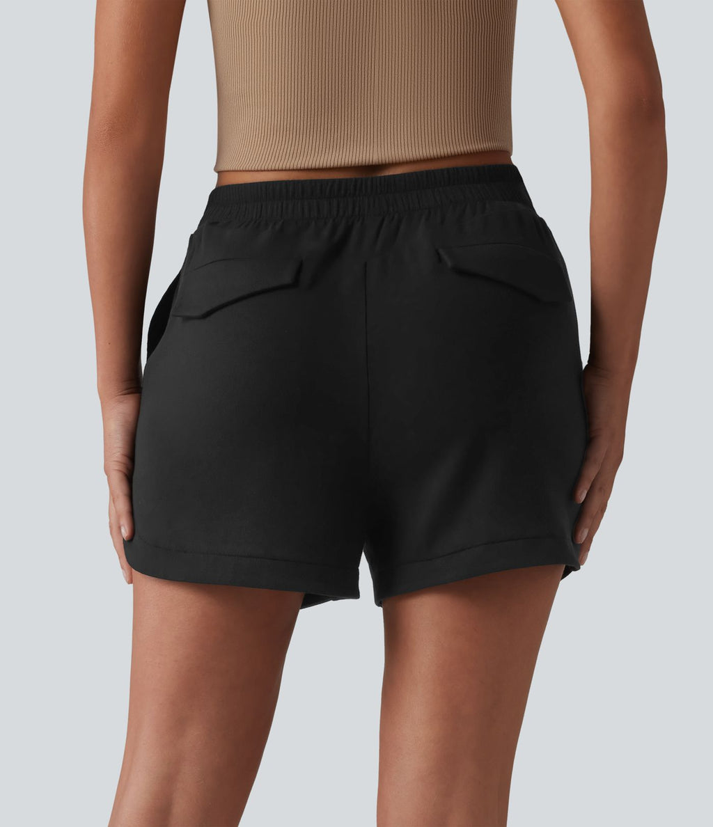 Short casual taille mi-haute à plis piqués, ourlet arrondi et poches, 7,5 cm