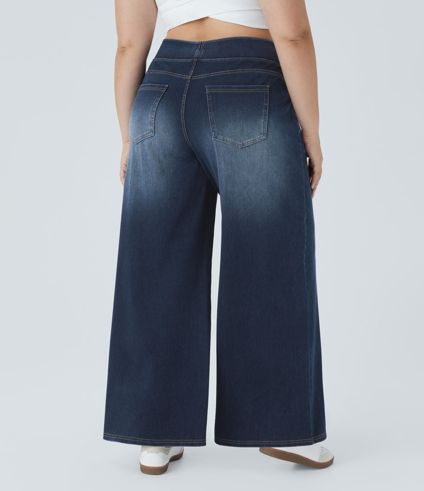 Halara Flex™ Jeans Larges Casual Taille Haute Multiples Poches Lavés Élastiques et Tricotés Grande Taille