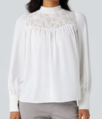 Chemise tailleur col montant dentelle contrastante manches longues