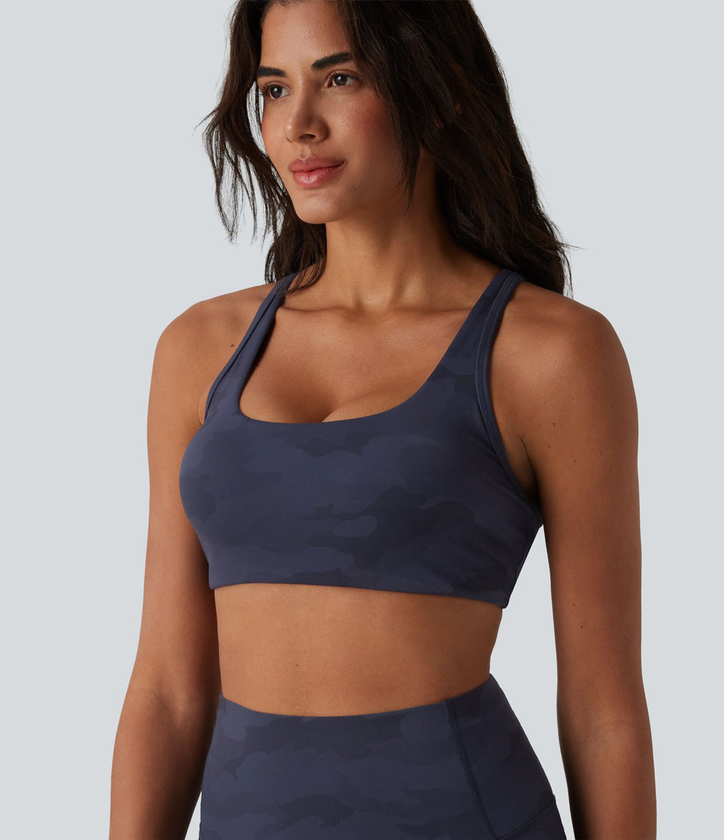 Halara UltraSculpt™ Brassière de sport yoga maintien léger col U à découpes imprimé camouflage