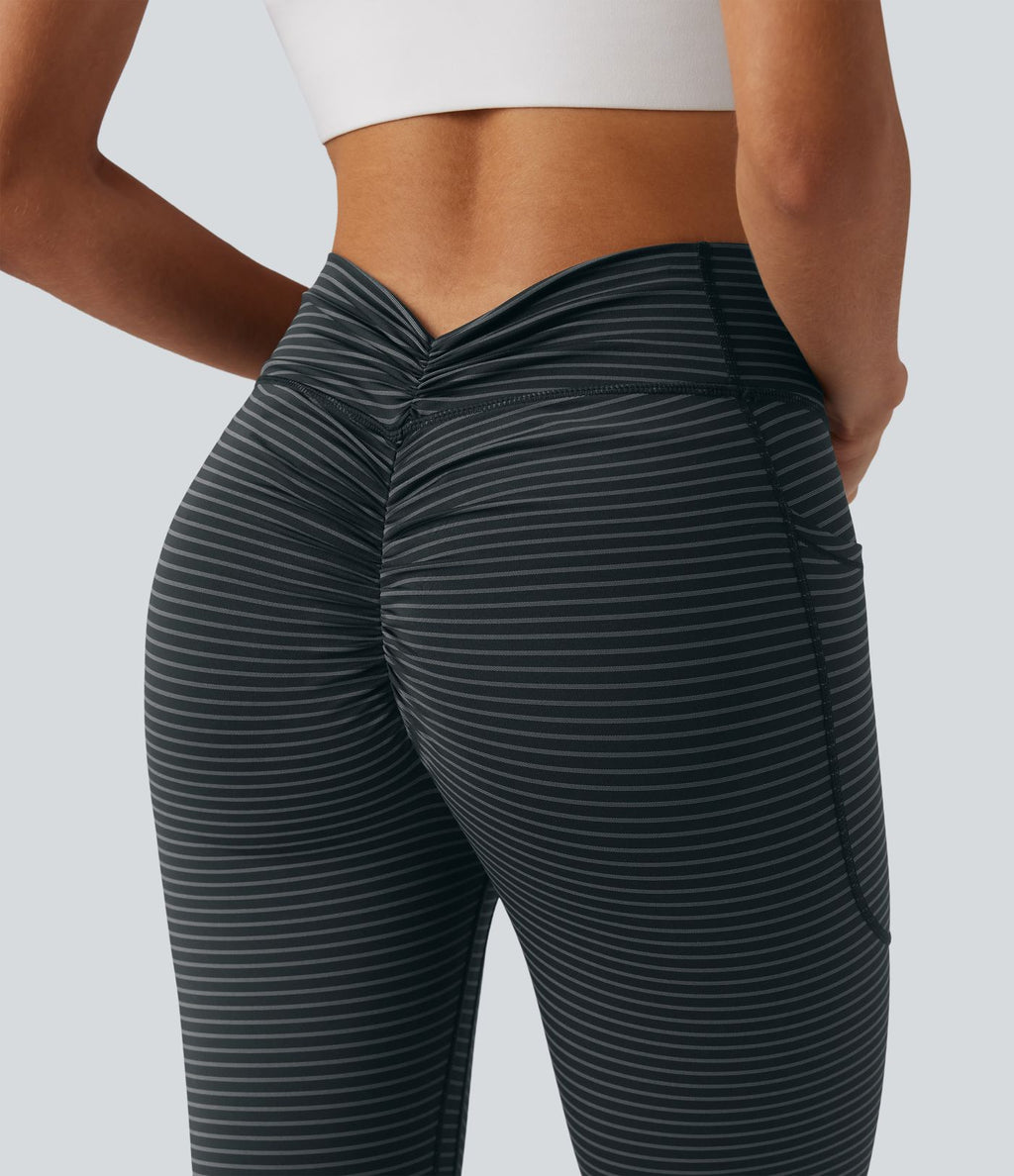 Legging de yoga 7/8 taille haute gainant à rayures et fronces avec poches