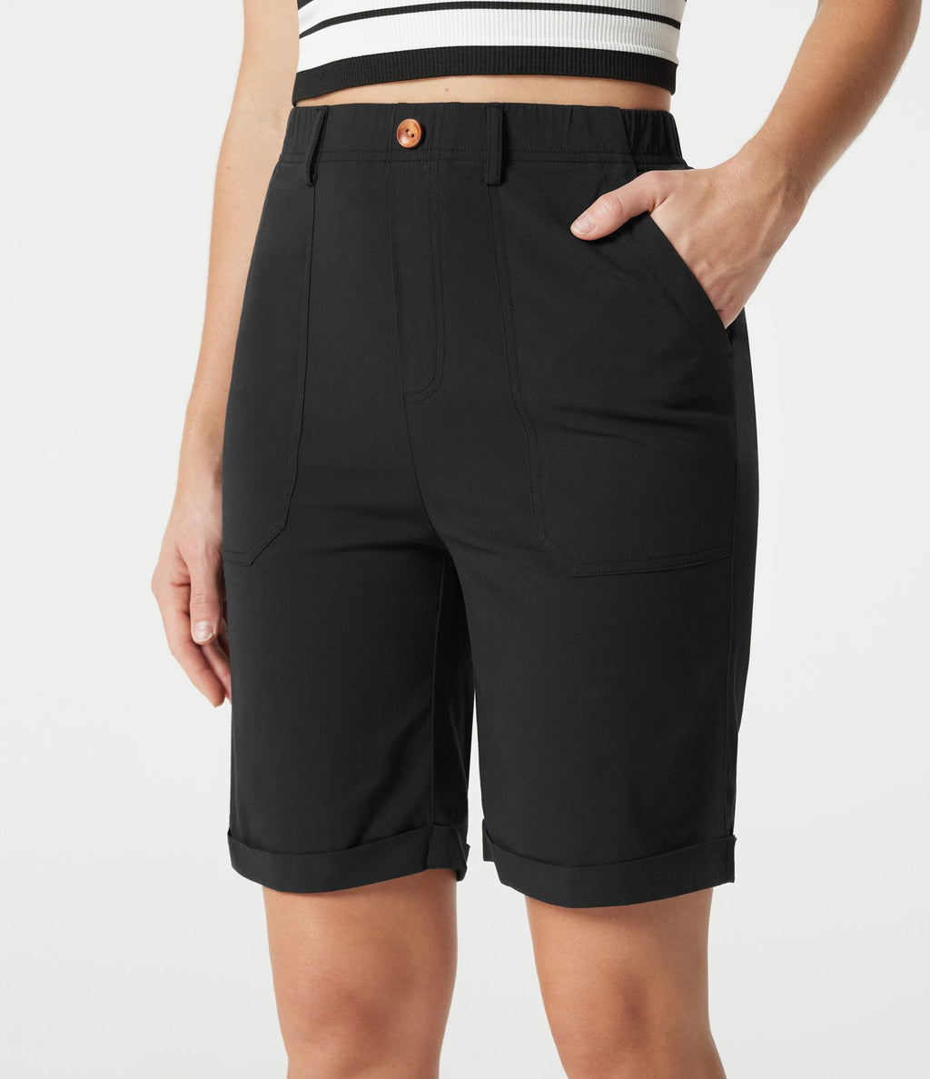 Bermuda casual taille haute en lin stretch avec ourlets retroussés et poches
