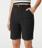 Bermuda casual taille haute en lin stretch avec ourlets retroussés et poches