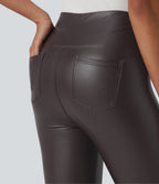 Legging casual 7/8 taille haute ventre plat en similicuir extensible, avec poches