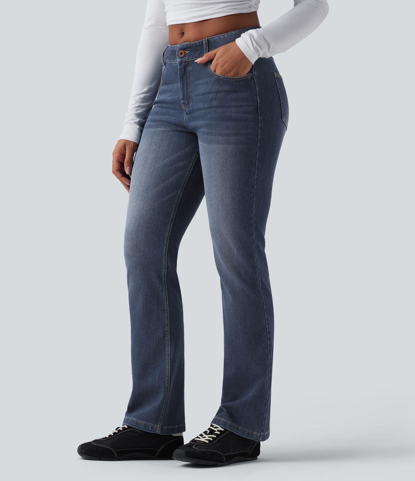 Jean bootcut délavé Halara Flex™ taille basse avec bouton, fermeture éclair et poches multiples