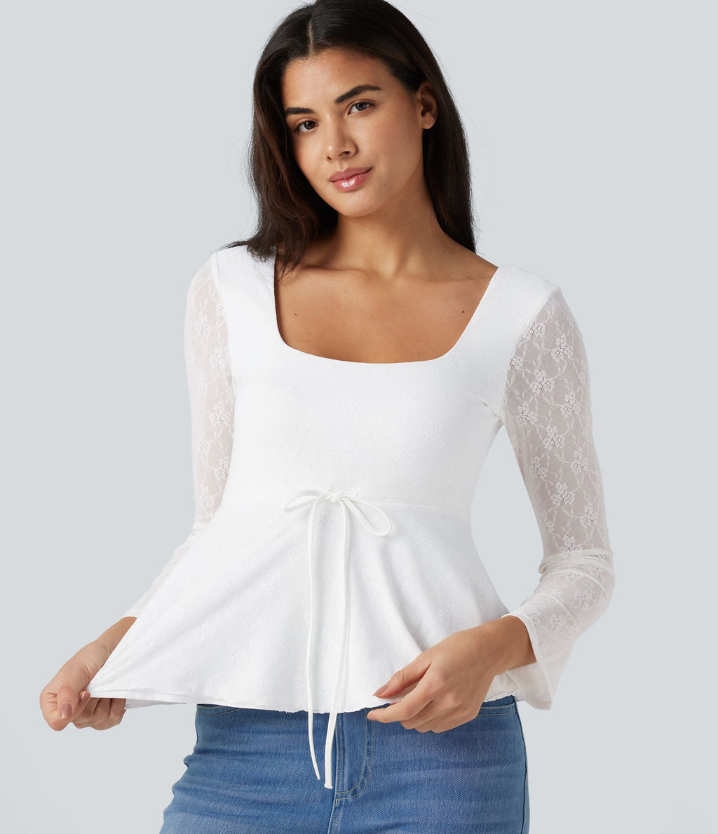 Top babydoll de soirée col U à manches longues avec dentelle contrastante et cordon de serrage