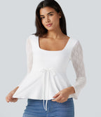 Top babydoll de soirée col U à manches longues avec dentelle contrastante et cordon de serrage
