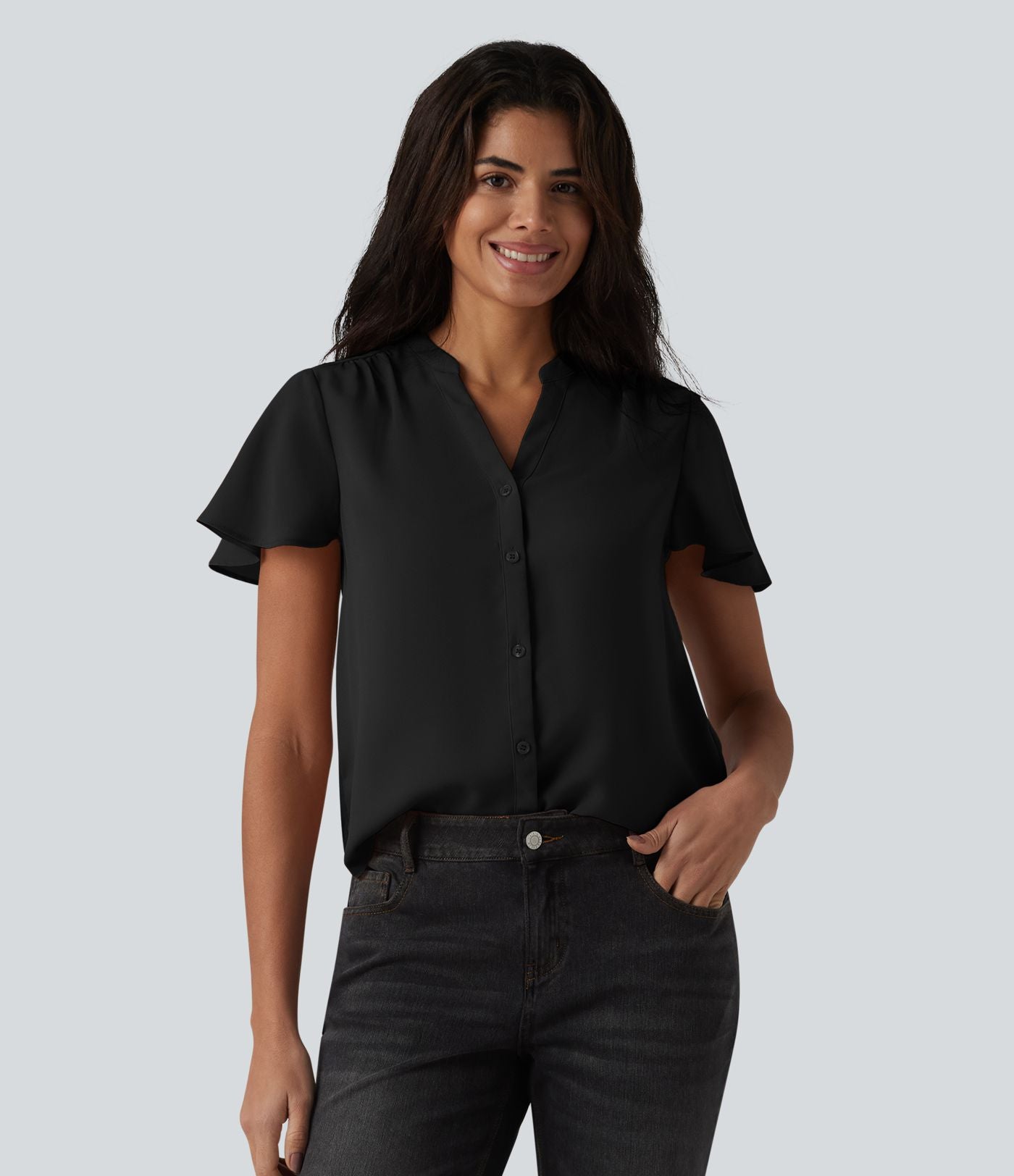 Blouse casual col V à manches volantées et ourlet arrondi