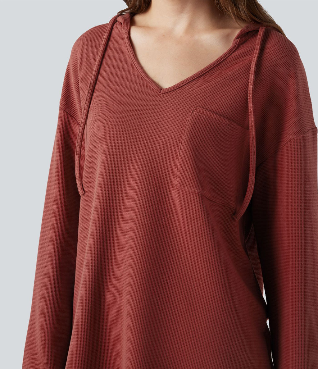 Sweat-shirt à capuche gaufré cordon de serrage manches longues ourlet arrondi avec poche