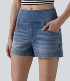Halara Flex™ Short décontracté en denim lyocell délavé taille mi-haute drapé 9 cm avec poches