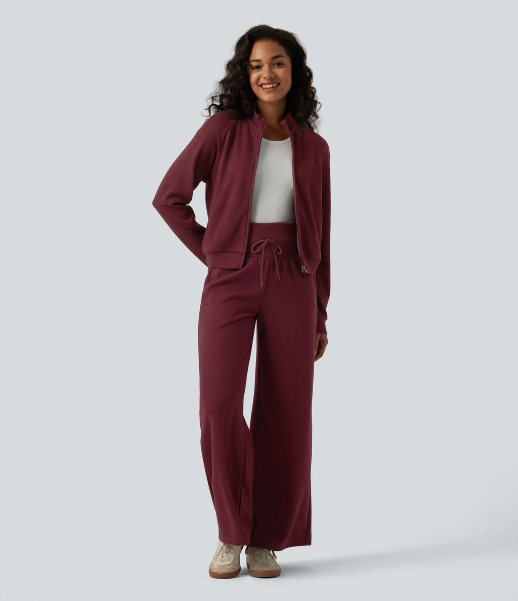 Veste casual côtelée à col montant, manches longues et fermeture zippée avec poches