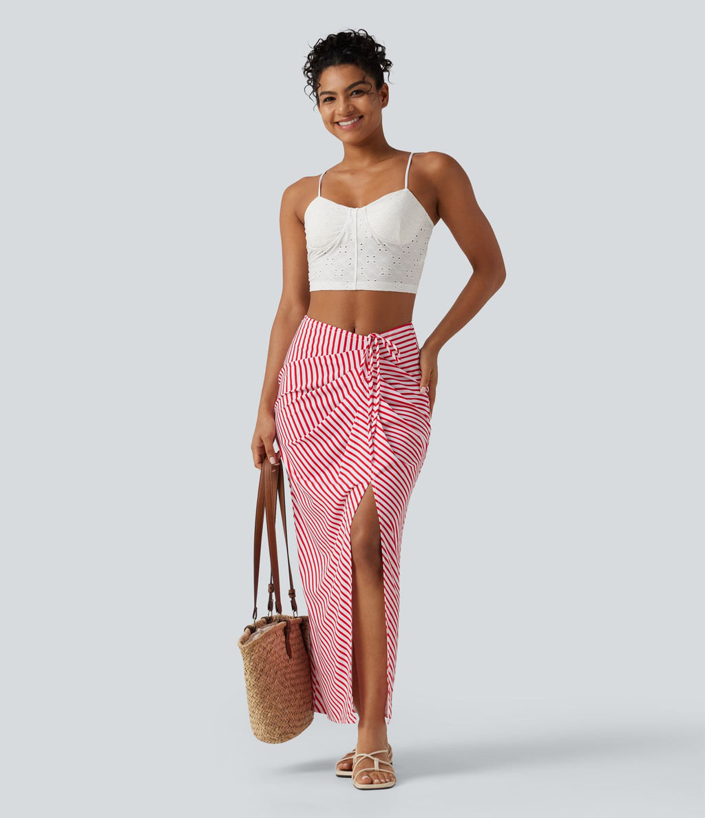 Jupe longue moulante taille mi-haute avec nœud devant et fronces imprimé floral/à rayures