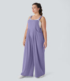 Salopette Casual Grande Taille en Gaufré avec Bretelles Ajustables Boutons et Poches Multiples