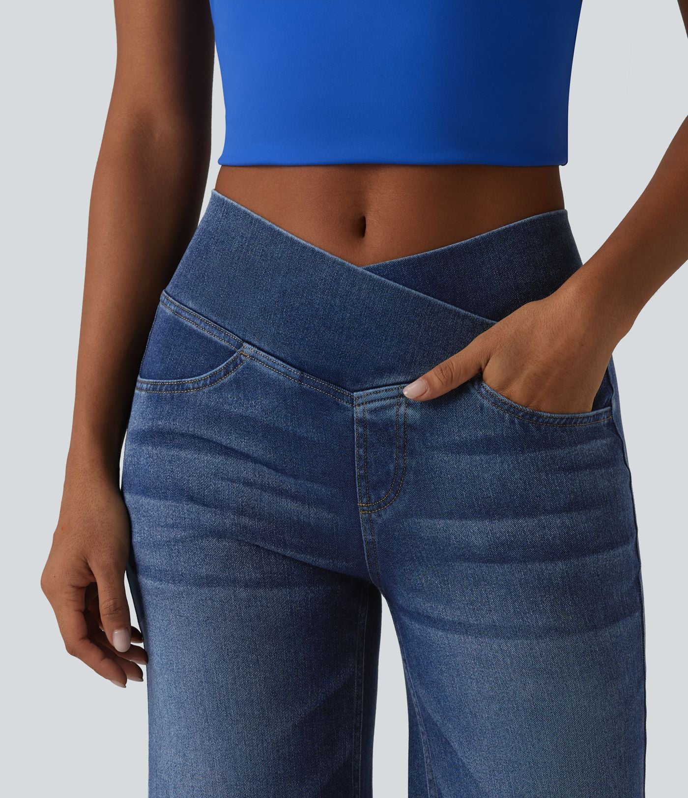 Halara Flex™ Jean large casual taille haute croisée en lyocell drapé lavé avec poches