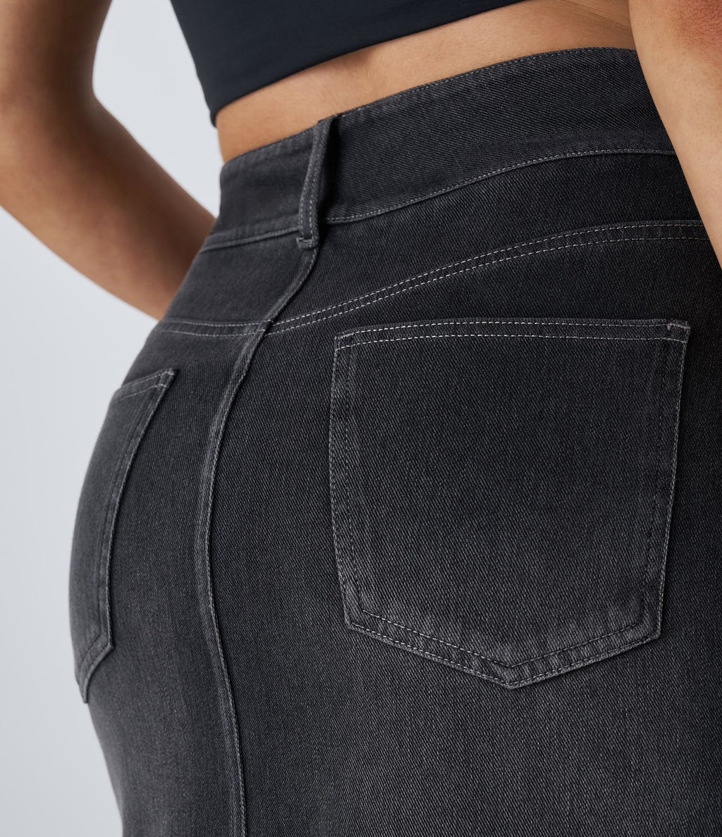 Halara Flex™ Jupe en Jean Casual Mi-Longue Délavé Extensible Plusieurs Poches Taille Haute