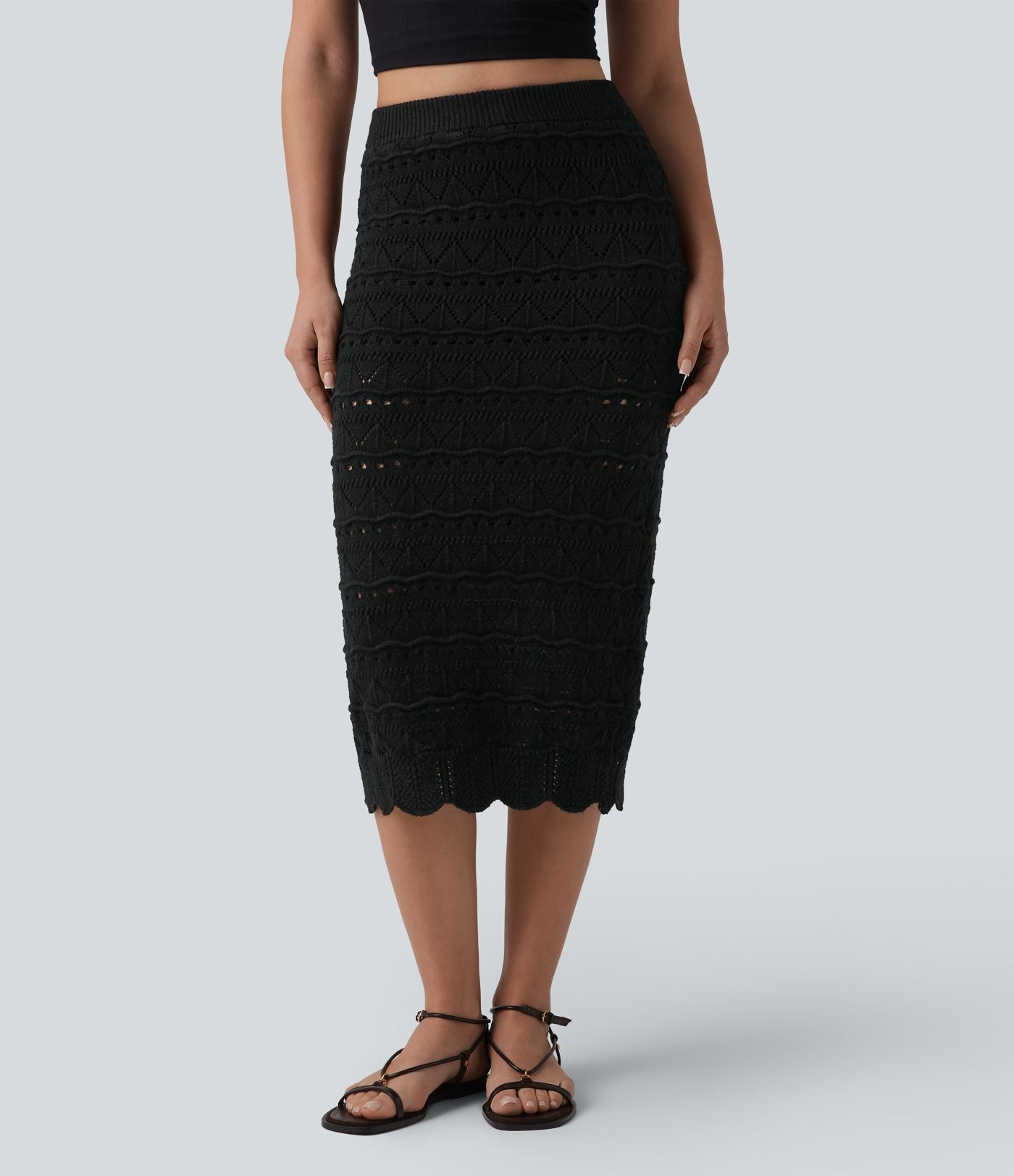 Jupe mi-longue maille ajourée 2-en-1 taille haute avec poches