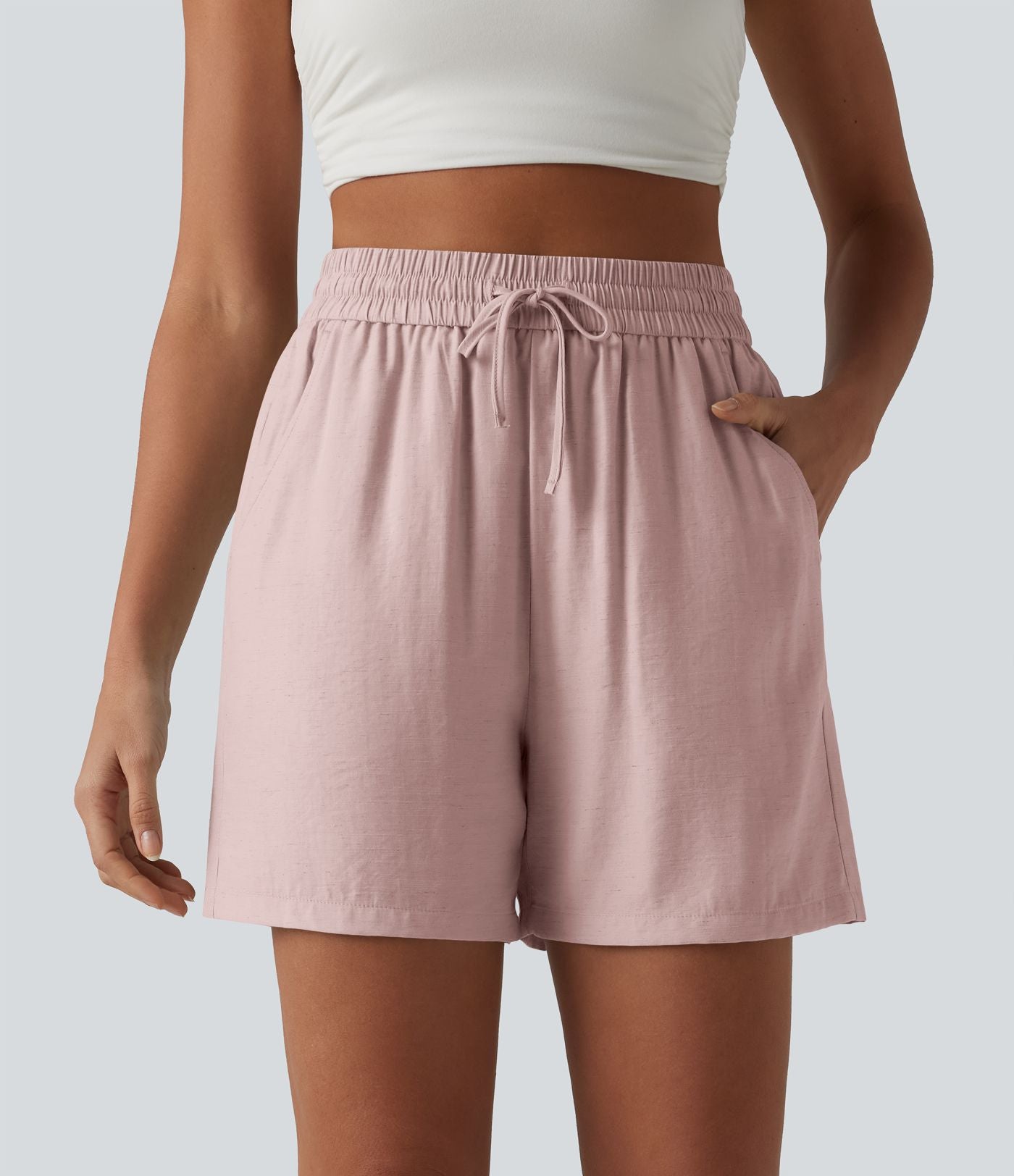 Short décontracté ample en lin mélangé taille haute avec cordon de serrage, 12,5 cm, et poches