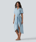 Robe-chemise casual midi en mousseline infroissable manches courtes portefeuille avec nœud frontal et poche