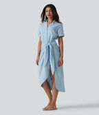 Robe-chemise casual midi en mousseline infroissable manches courtes portefeuille avec nœud frontal et poche