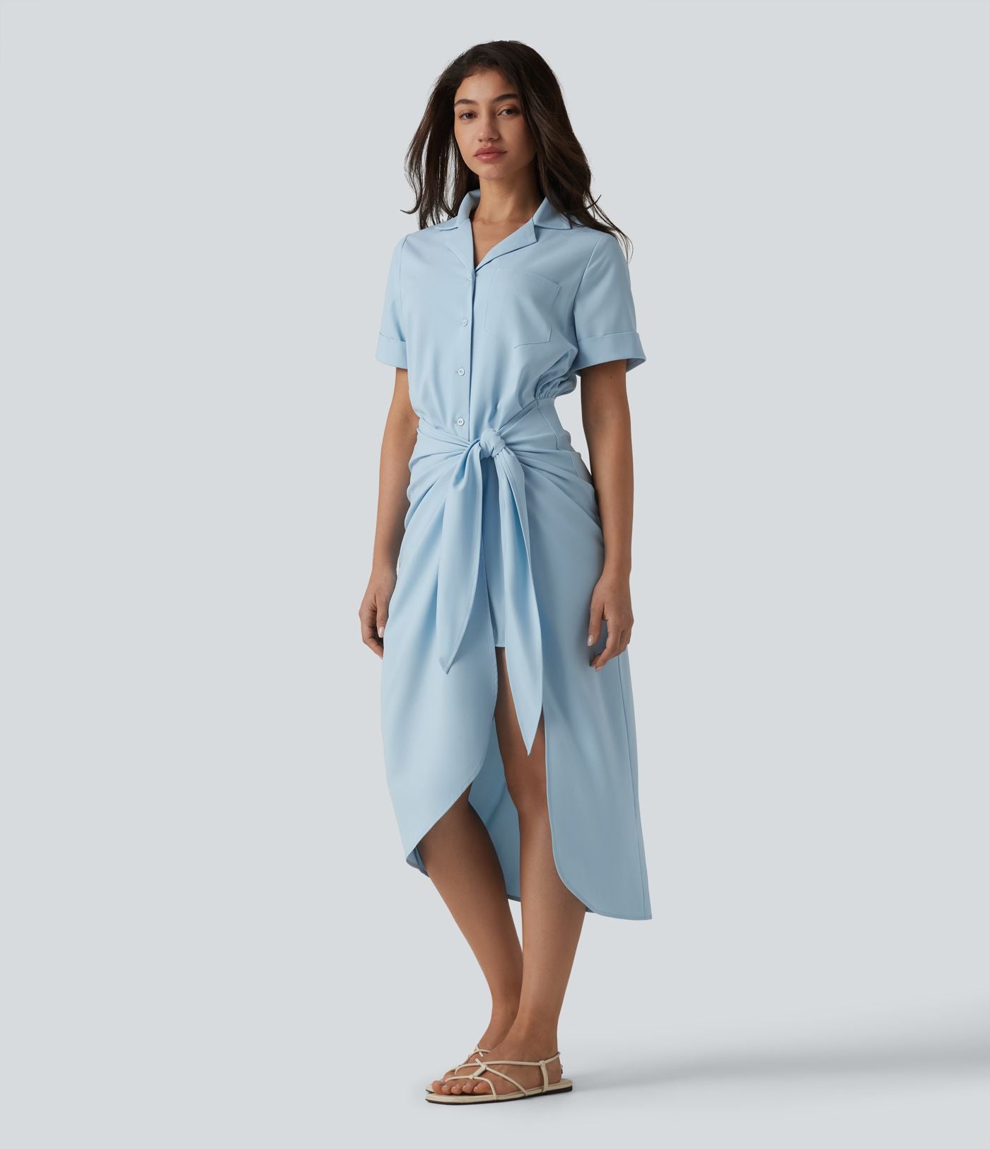 Robe-chemise casual midi en mousseline infroissable manches courtes portefeuille avec nœud frontal et poche