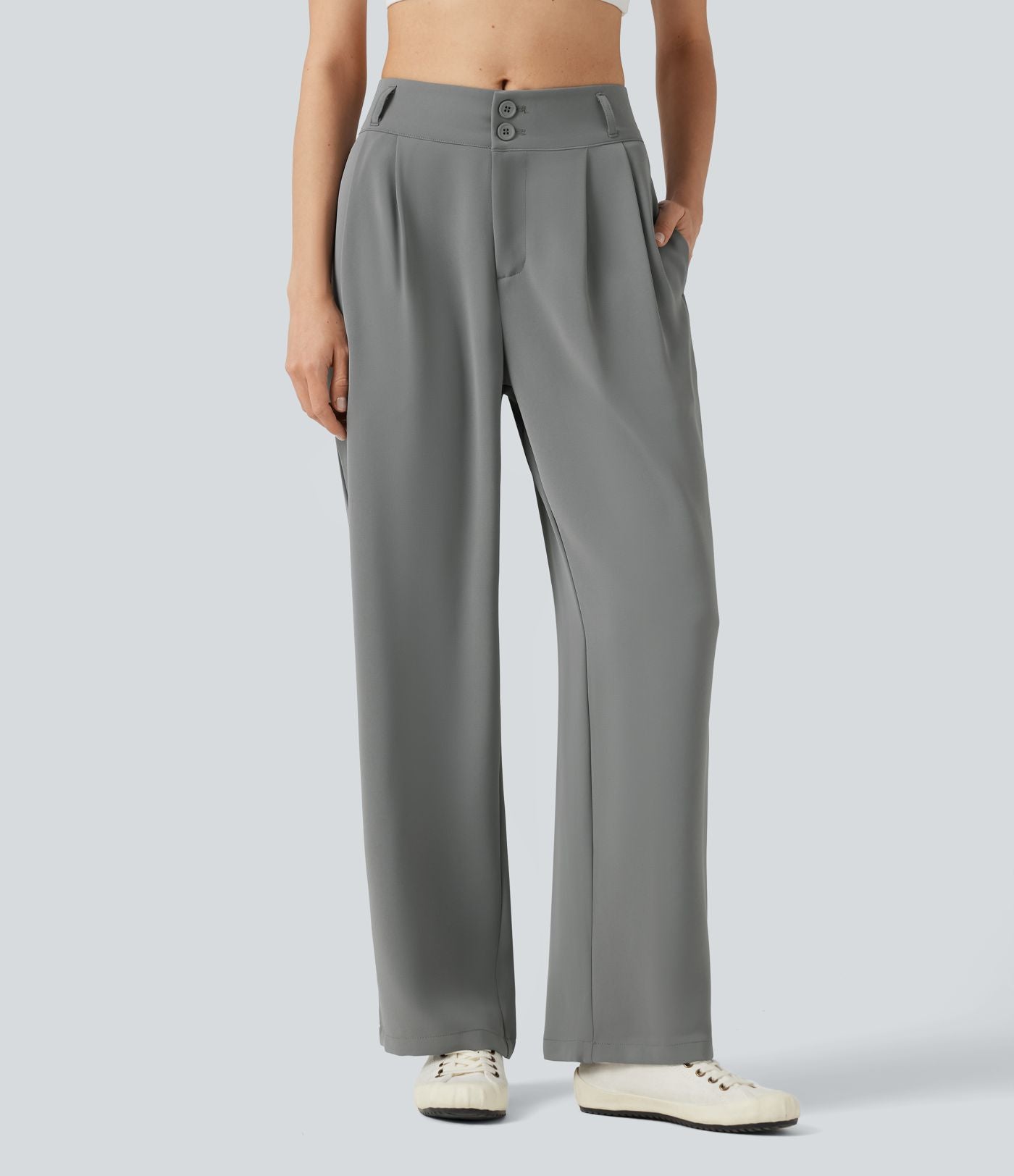 Pantalon tailleur Halara Flex™ à taille mi-haute, coupe droite et froncée, avec poches
