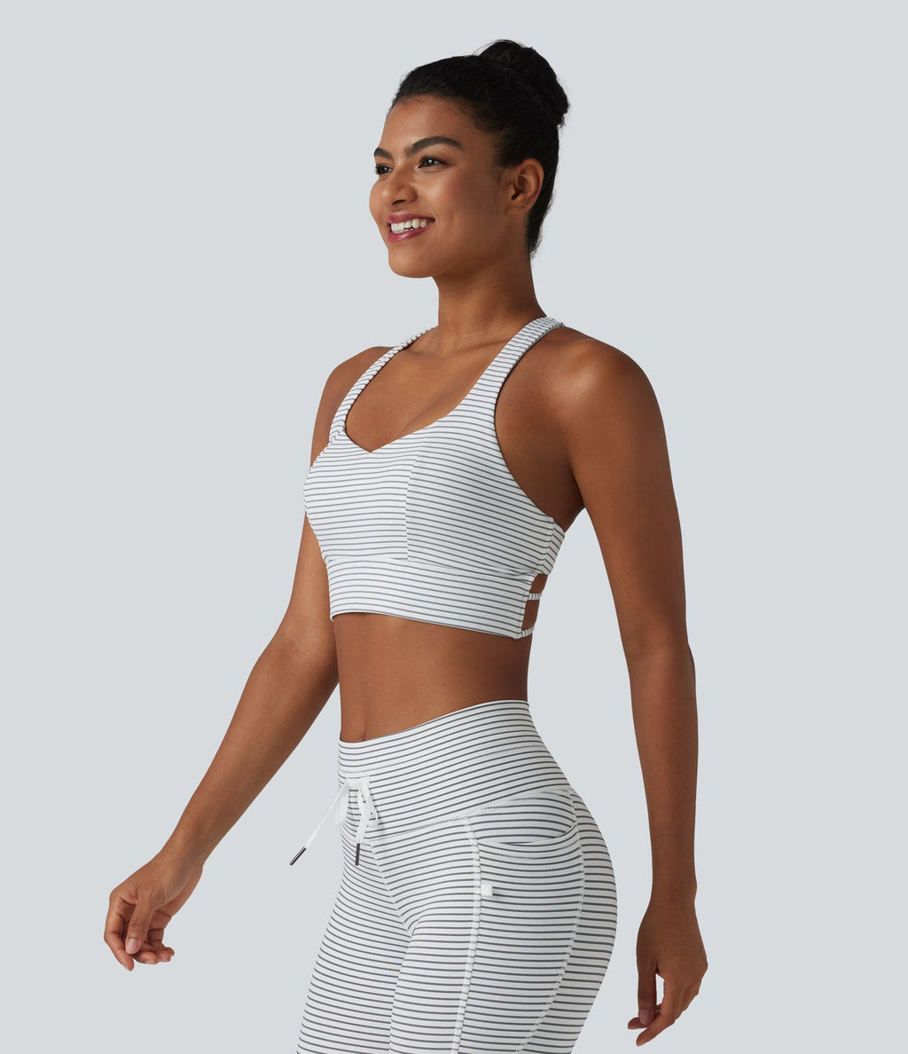 Brassière de sport yoga à rayures dos nageur croisé maintien léger avec soutien-gorge intégré