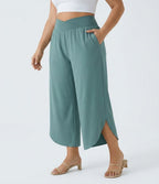 Breezeful™ Pantalon de Vacances Grande Taille Taille Haute avec Découpe Croisée Plissé Poche Latérale Fente et Séchage Rapide
