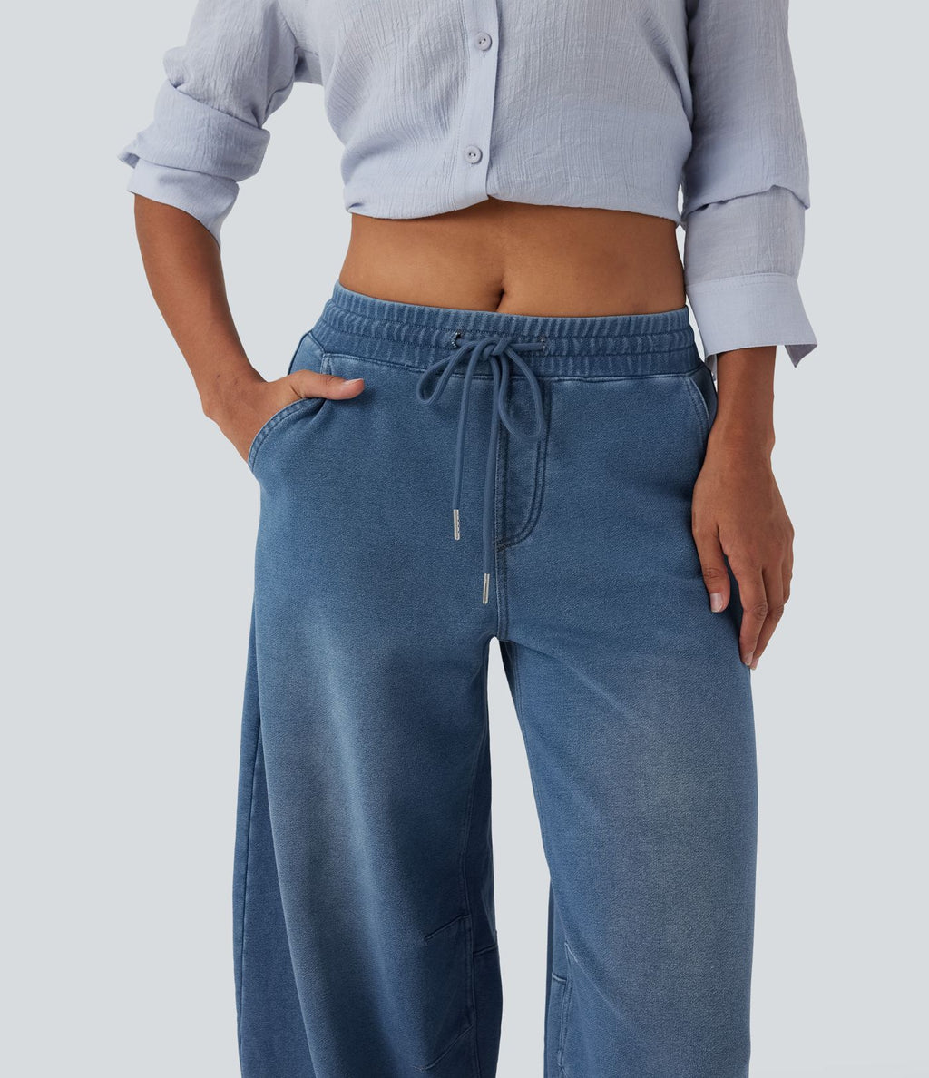 Jean 7/8 jogging molleton français Halara Flex™ taille mi-haute coupe barrel avec cordon et poches