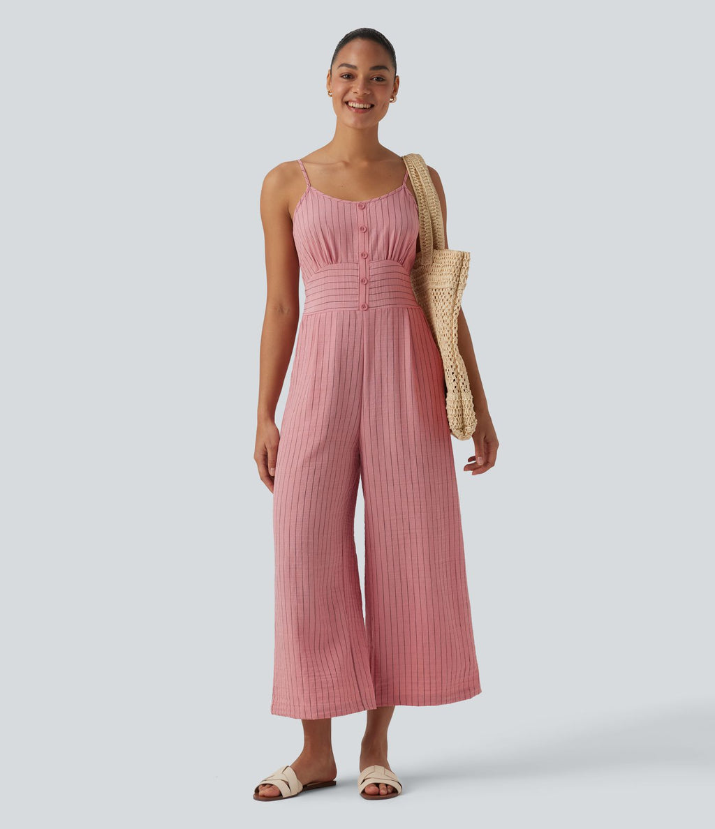 Combinaison bretelles aspect lin à rayures découpes dos à nouer avec poches