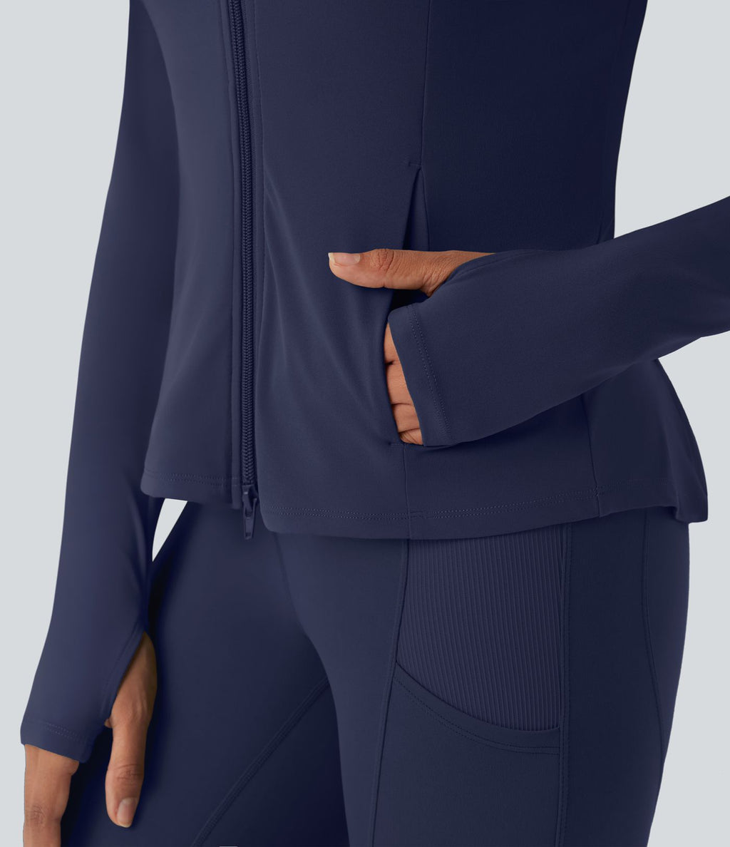 Veste SoftlyZero™ à capuche manches longues avec trous pouces détails plissés et poches-UPF50+