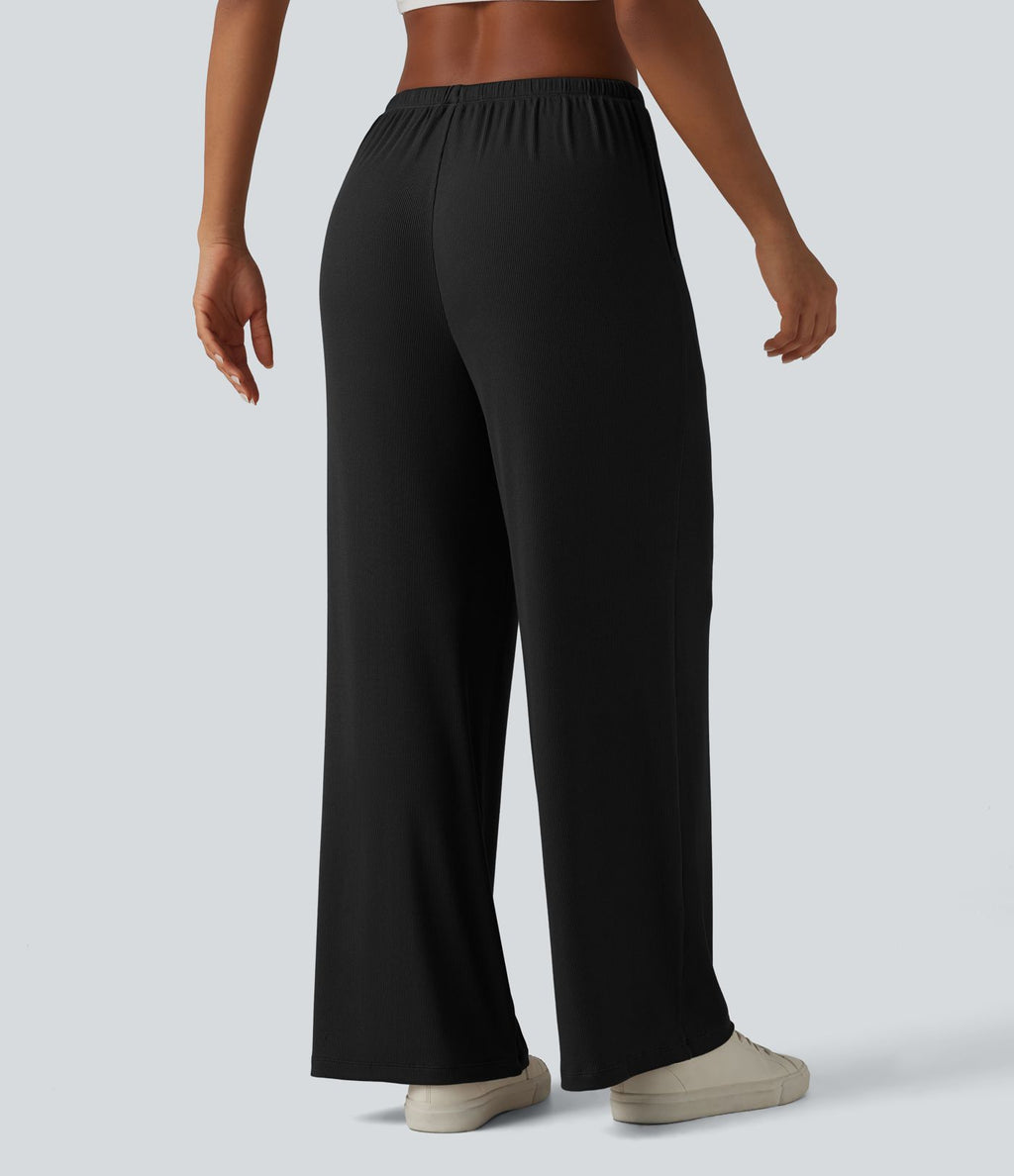 Pantalon large casual en maille côtelée extensible taille mi-haute avec cordon de serrage et poches
