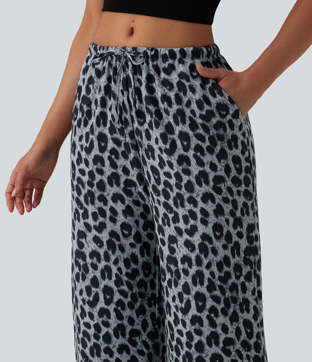 Pantalon large casual en maille gaufrée imprimé léopard taille mi-haute avec cordon de serrage et poches