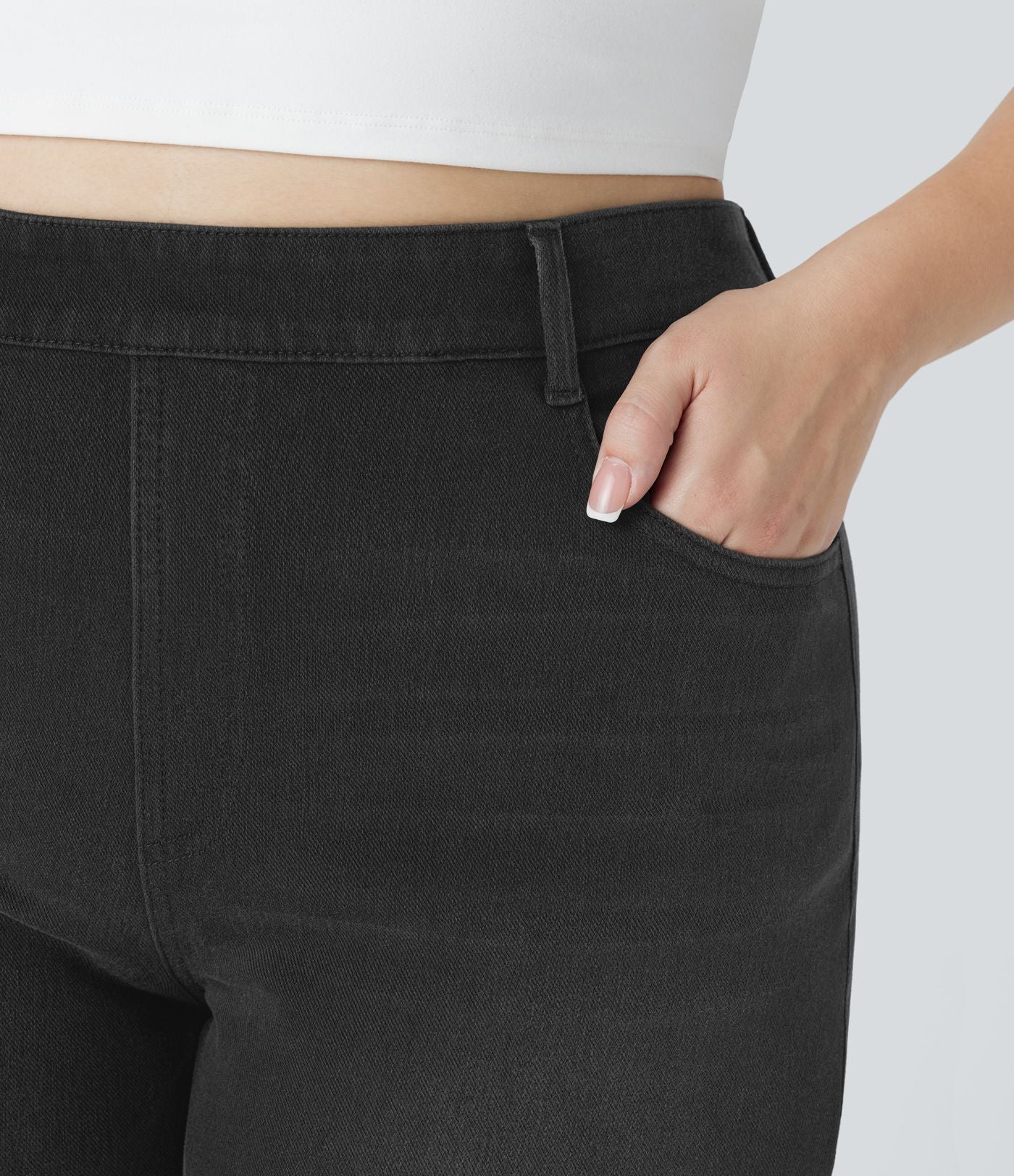 Jean décontracté Halara Flex™ grande taille, taille haute, multiples poches, jambes droites, effet délavé, en maille extensible