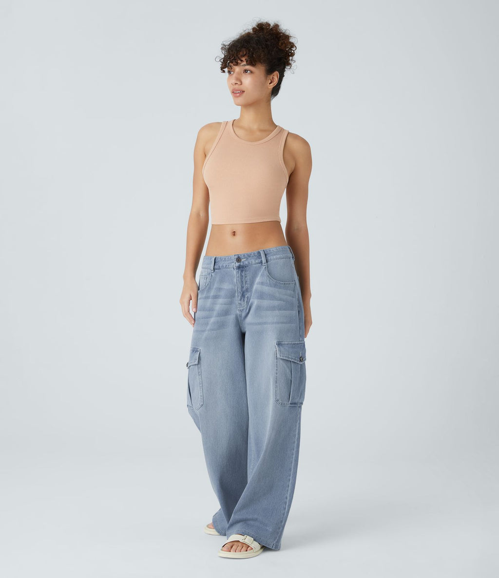 Jean cargo décontracté Halara Flex™ à taille basse, jambes larges, poches multiples et tissu extensible