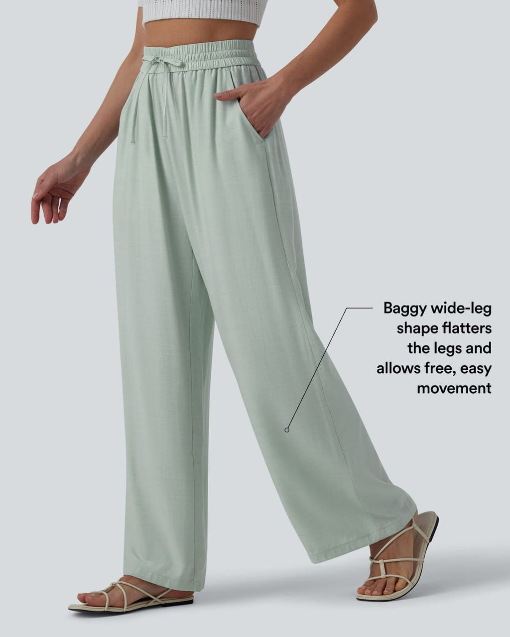 Pantalon casual large fluide mélange lin taille haute avec cordon de serrage et poches