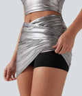 Mini-jupe moulante 2-en-1 SoftlyZero™ taille haute en simili, drapée croisée, effet sparkle métallisé, extensible