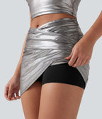 Mini-jupe moulante 2-en-1 SoftlyZero™ taille haute en simili, drapée croisée, effet sparkle métallisé, extensible