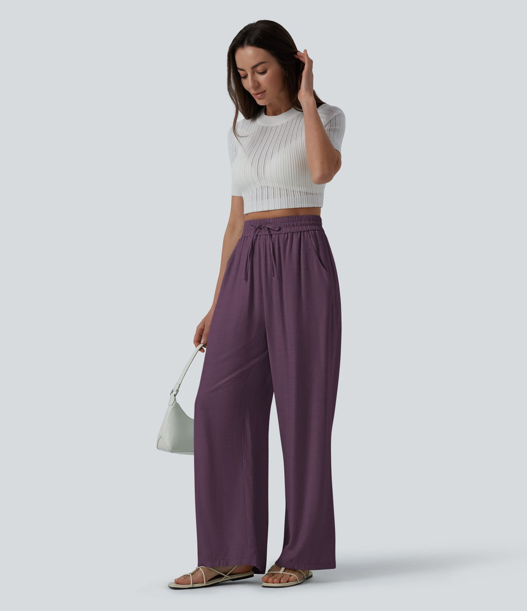 Pantalon casual large fluide mélange lin taille haute avec cordon de serrage et poches