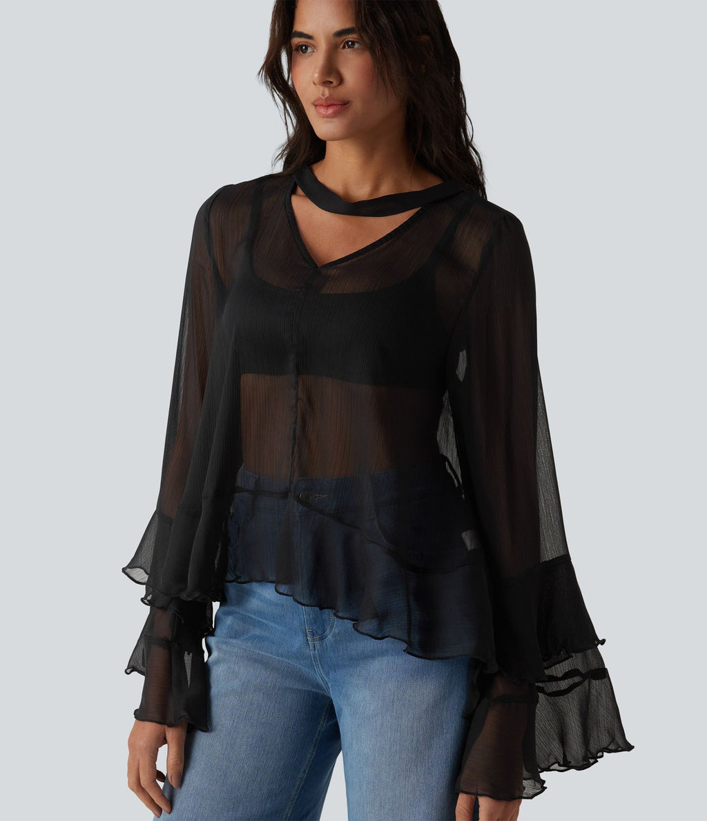 Chemise casual transparente col V manches longues à volants