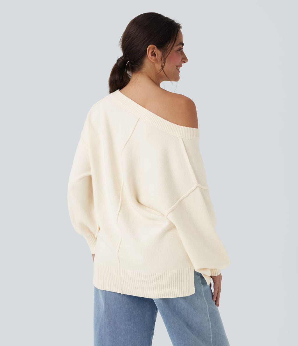 Pull casual col V épaules tombantes manches longues avec fentes