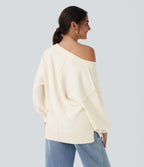 Pull casual col V épaules tombantes manches longues avec fentes