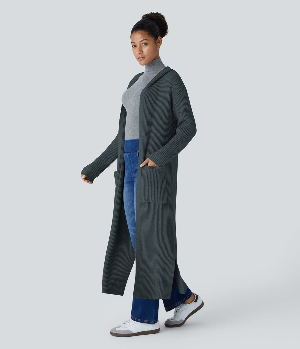Cardigan long casual à capuche, manches longues et poches