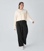 Pantalon Casual Grande Taille Velours Côtelé Taille Mi-haute Boutonnés Fermeture Éclair Poches Latérales
