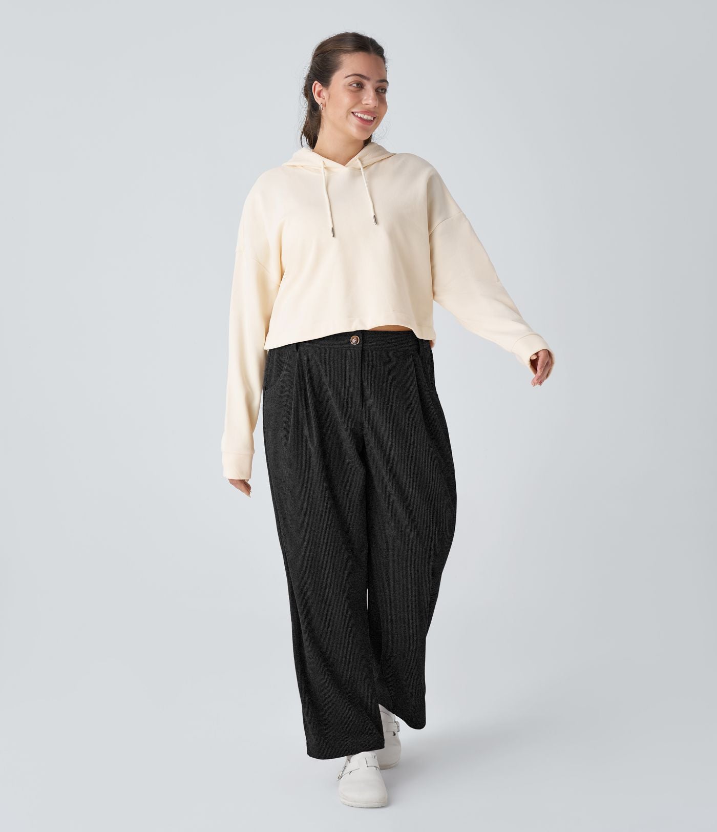 Pantalon Casual Grande Taille Velours Côtelé Taille Mi-haute Boutonnés Fermeture Éclair Poches Latérales