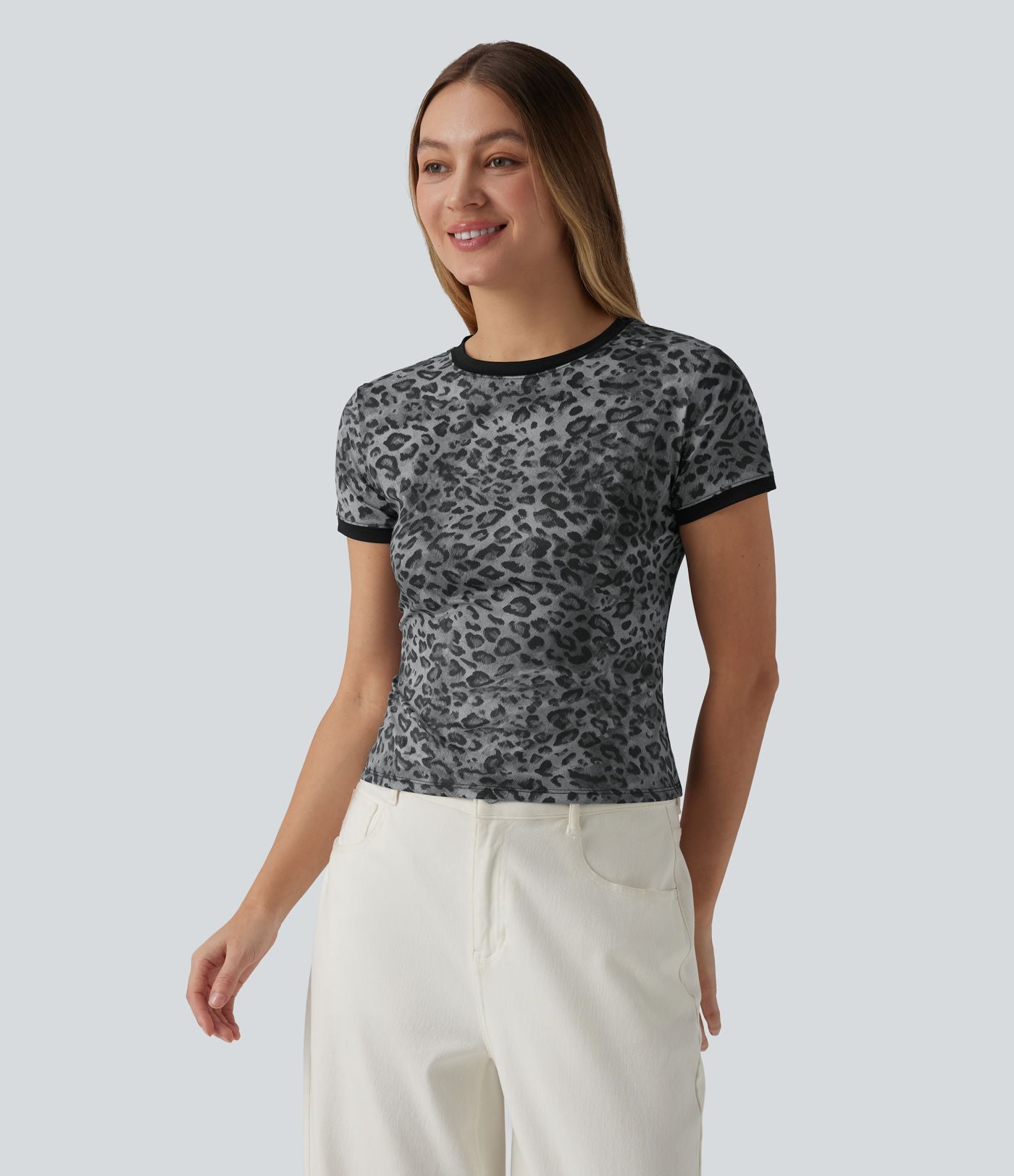 T-shirt casual ringer imprimé léopard col rond à manches courtes