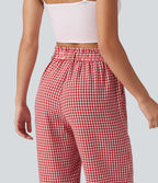 Pantalon 7/8 décontracté aspect lin à carreaux taille haute avec poches