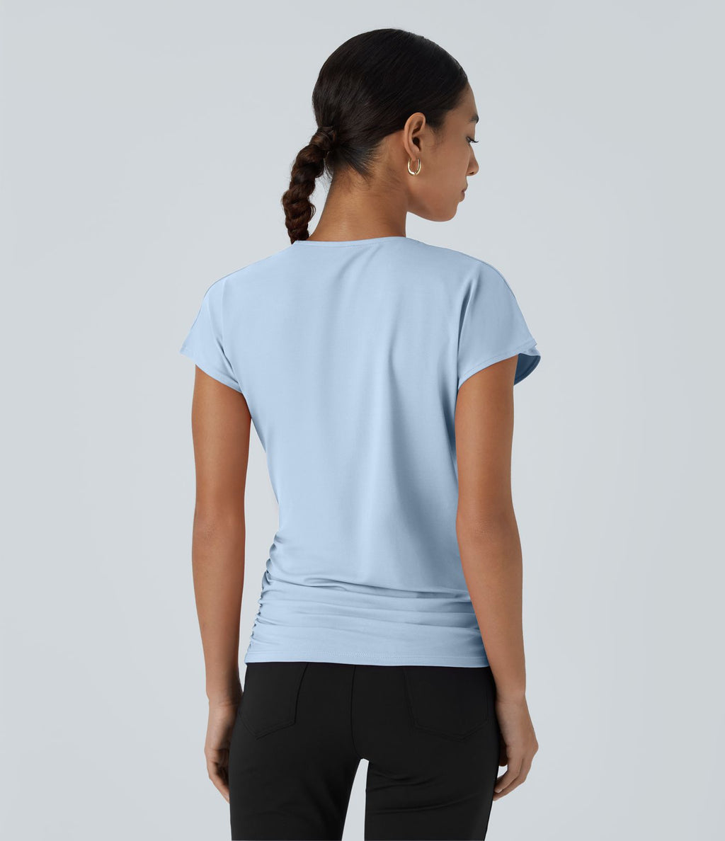 Blouse Travail Unie Froncée Croisée Manches Courtes Col en V